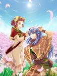  2girls blue_eyes blue_hair bow brown_eyes brown_hair dress english falcom flower hair_bow highres long_hair maya_(ys7) multiple_girls poncho short_hair smile tia tinybiard wink ys ys_seven 