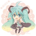 1girl 39 96mame ahoge aqua_eyes aqua_hair artist_name character_name chibi detached_sleeves hatsune_miku long_hair musical_note necktie open_mouth skirt sleeves_past_wrists solo thigh-highs twintails very_long_hair vocaloid 