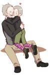  1boy 1girl blush cheek_kiss facial_hair grey_hair hug kiss metal_gear_solid metal_gear_solid_4 mustache old_man old_snake short_hair shorts silver_hair solid_snake striped striped_legwear sunny_gurlukovich sweater yukinoshita_(kinoue_nyny) 