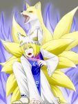  1girl blonde_hair blue_fire dress fangs fingernails fire grey_background hat hat_with_ears kitsune kneeling long_sleeves nakamura_k_nmkg ofuda sandals sharp_teeth short_hair tabard tabi touhou wide_sleeves yakumo_ran yellow_eyes 