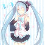  1girl 39 blue_eyes blue_hair bowtie detached_sleeves hand_on_hip hatsune_miku headset kohaku. long_hair pointing skirt solo striped striped_background twintails very_long_hair vocaloid wink 