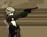  1girl bikini_top black_gloves blonde_hair cosplay eva_(mgs) eva_(mgs)_(cosplay) flat_chest gloves gumdrop gun handgun holster jumpsuit luger_p08 metal_gear_solid metal_gear_solid_3 metal_gear_solid_4 navel open_clothes pistol short_hair shouting solo sunny_gurlukovich weapon zoom_layer 