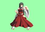  1girl bare_shoulders black_hair breasts clenched_hands detached_sleeves fighting_stance hakama hinnnyuuha japanese_clothes large_breasts leotard long_hair m.u.g.e.n nontraditional_miko sandals sendai_hakurei_no_miko simple_background solo sprite_art tabi touhou wide_sleeves yellow_eyes 