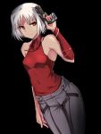  1girl 428 bare_shoulders black_background canaan canaan_(character) gun jewelry necklace pants red_eyes short_hair silver_hair simple_background sleeveless sleeveless_turtleneck solo turtleneck ulrich_(tagaragakuin) weapon white_hair 