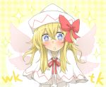  1girl argyle blonde_hair blue_eyes blush bow bust capelet hair_bow hat lily_white solo sparkle symbol-shaped_pupils touhou triangle_mouth wings 