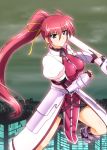  1girl blue_eyes boots breasts city diesel-turbo female fingerless_gloves gauntlets gloves hair_ribbon levantine long_hair lyrical_nanoha mahou_shoujo_lyrical_nanoha_a&#039;s pink_hair ponytail puffy_sleeves ribbon sheath sheathed signum solo sword weapon 