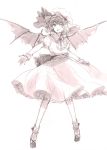  1girl bat_wings hat monochrome open_mouth outstretched_arm outstretched_hand remilia_scarlet short_hair simple_background skirt_hold smile solo sugi touhou white_background wings 