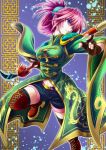  1girl belt blue_eyes breasts brown_gloves china_dress chinese_clothes dragon_print dress fingerless_gloves gloves green_dress hair_ornament hair_up hijikawa_arashi long_sleeves midriff naginata navel original pink_hair polearm shorts solo weapon wide_sleeves 