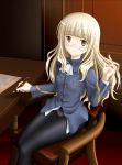  1girl arm_up black_legwear blonde_hair blush chair desk glasses long_hair military military_uniform mushoku_no_hourousha panties panties_under_pantyhose pantyhose pen perrine_h_clostermann sitting solo strike_witches underwear uniform yellow_eyes 