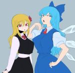  2girls adult blonde_hair blue_eyes blue_hair bow breasts cirno dress hair_bow ice ice_wings large_breasts long_hair multiple_girls red_eyes rumia space_jin taut_clothes touhou wings 