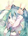  1girl aqua_hair detached_sleeves double hatsune_miku necktie open_mouth solo touko_(wisterio) twintails v vocaloid wink 