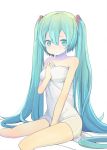  1girl green_eyes green_hair hand_on_own_chest hatsune_miku kemu_(pixiv463430) long_hair naked_towel simple_background sitting solo towel twintails very_long_hair vocaloid white_background 