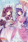  2girls absurdres android blue_hair breasts brown_hair carnelian choker cleavage dress flower food gloves hat headdress highres long_hair maid multiple_girls open_mouth ribbon smile umbrella violet_eyes 