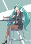  1girl 39 2013 aqua_eyes aqua_hair chair crossed_legs dated doughnut hatsune_miku high_heels kirigaya_yuuji long_hair pantyhose shoes sitting skirt solo table twintails very_long_hair vocaloid 