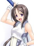  1girl :d ^jj^ arm_up bare_shoulders brown_hair fingerless_gloves gloves kyoukai_senjou_no_horizon long_hair open_mouth oriotorai_makiko smile solo sword violet_eyes weapon white_background 