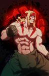  1boy abs alex blonde_hair blue_eyes clenched_hand facial_tattoo fighting_stance fingerless_gloves gloves headband muscle overalls robaato shirtless solo street_fighter street_fighter_iii tattoo 
