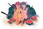  2girls anklet apple-boy armlet barefoot bracelet braid dirty_feet flower food fruit highres jewelry long_hair lotus multiple_girls necklace one_piece open_mouth pendant purple_hair ranma-chan ranma_1/2 redhead shampoo_(ranma_1/2) sitting smile swimsuit v watermelon wooden_sword 
