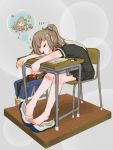  1girl bag bandaid barefoot blush_stickers brown_hair closed_eyes desk dreaming long_hair original saliva school_bag school_uniform shoes_removed side_ponytail sitting sleeping solo 