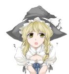  1girl blonde_hair braid breasts cleavage hair_ribbon hat hmx99_elf kirisame_marisa looking_at_viewer open_mouth puffy_short_sleeves puffy_sleeves ribbon short_sleeves simple_background solo touhou white_background witch_hat yellow_eyes 