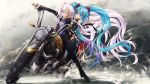  2girls ahoge aqua_eyes aqua_hair blue_eyes bowtie center_opening hatsune_miku highres ia_(vocaloid) jewelry long_hair miku_append motor_vehicle motorcycle multiple_girls naka_(nicovideo14185763) open_mouth pink_hair riding ring thigh-highs twintails vehicle very_long_hair vocaloid vocaloid_append 