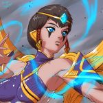  1girl armor bare_shoulders blue_eyes breasts brown_hair circlet ear_armor facial_mark hair_tubes karma_(league_of_legends) league_of_legends ranger_squirrel short_hair signature solo 