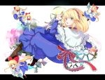  &gt;_&lt; 1girl ^_^ alice_margatroid aqua_eyes blonde_hair blue_dress blue_eyes blush boots bow capelet closed_eyes dress dress_pull gears hair_bow hairband lance letterboxed long_hair long_sleeves looking_at_viewer open_mouth ori polearm puppet_strings sash shanghai_doll smile touhou very_long_hair weapon 