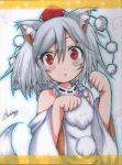  1girl animal_ears blush bust hair_between_eyes hauchiru inubashiri_momiji paw_pose red_eyes signature silver_hair solo tail touhou wolf_ears wolf_tail 