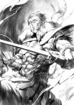  1boy armor beard cape facial_hair fate/zero fate_(series) monochrome rider_(fate/zero) sanbonzakura solo sword weapon 