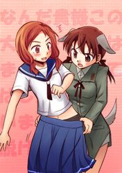  animal_ears blush brown_eyes brown_hair dog_ears dog_tail gertrud_barkhorn hair_ribbon multiple_girls niina_ryou open_mouth pantyhose red_hair redhead ribbon saki school_uniform serafuku short_hair skirt strike_witches surprise surprised tail takei_hisa twintails undressing uniform 