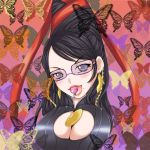  bayonetta bayonetta_(character) black_hair bodysuit breasts butterfly candy cleavage cleavage_cutout earrings eyeshadow glasses huge_breasts jewelry lipstick long_hair mole solo tongue very_long_hair 