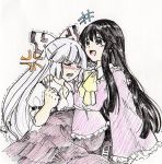  angry black_hair blush clenched_hand clenched_teeth closed_eyes colored_pencil_(medium) dress fist frills fujiwara_no_mokou hair_ribbon happy houraisan_kaguya long_hair mokkouyou_bondo multiple_girls open_mouth ribbon shirt touhou traditional_media white_shirt wide_sleeves 