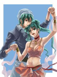  1girl alec_(fire_emblem) armpits bracelet breasts choker cleavage couple cross dancer dancing dancing_clothes fire_emblem fire_emblem:_seisen_no_keifu fire_emblem_genealogy_of_the_holy_war green_eyes green_hair hair_bun hand_holding holding_hands jewelry kaito_(sawayakasawaday) levin long_hair midriff navel necklace pendant ribbon sawayakasawaday sylvia sylvia_(fire_emblem) twintails 