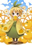  5293150 blonde_hair blush boots covering_mouth food food_themed_clothes four_horizontal_bars fruit hairband headband highres holding holding_fruit looking_at_viewer mittan orange original personification pigeon-toed short_hair shy 