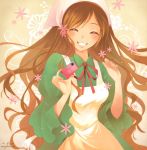  axis_powers_hetalia blush brown_hair camera flower green_eyes grin hands hungary_(hetalia) long_hair smile zetallis 