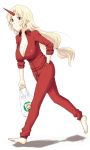  barefoot blonde_hair breasts cleavage contemporary feet hands_in_pockets hiroya hiroya_juuren horn horns hoshiguma_yuugi large_breasts oni pun red_eyes simple_background sleeves_pushed_up sweater touhou track_suit unzipped 