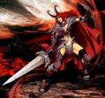  1girl castle_age genzoman horns keira red_eyes red_hair redhead shield solo sword thighhighs weapon 