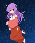  floating hanyuu higurashi_no_naku_koro_ni horns japanese_clothes miko nemu_(nebusokugimi) purple_eyes purple_hair sandals socks violet_eyes 