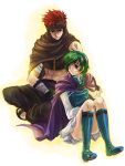  cape convenient_leg fire_emblem fire_emblem:_rekka_no_ken fire_emblem_blazing_sword green_hair jaffar kaito_(sawayakasawaday) lowres nino_(fire_emblem) sawayakasawaday short_hair sitting upskirt 