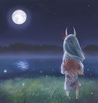  blue_hair ex-keine fireflies from_behind grass horns japanese_clothes kamishirasawa_keine kimono kyuu_umi long_hair moon night night_sky reflection silver_hair sky solo standing star_(sky) starry_sky touhou white_hair young 