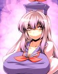  :&lt; blush bow breasts bust cleavage collarbone erect_nipples hat huge_breasts kamishirasawa_keine long_hair looking_at_viewer puffy_sleeves purple_hair red_eyes solo taut_shirt touhou tro v-neck 