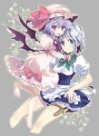  bad_id barefoot bat_wings blue_eyes braid brooch fang feet hand_behind_head hat highres hug izayoi_sakuya jewelry knife lavender_hair maid multiple_girls nakayama_miyuki open_mouth red_eyes remilia_scarlet short_hair silver_hair simple_background smile thigh_strap touhou twin_braids wings wrist_cuffs 