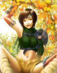  1girl arm_up armor brown_eyes brown_hair crop_top cropped_sweater female final_fantasy final_fantasy_vii forehead_protector green_sweater headband kinoeneko leaf leaves maple_leaf midriff navel one_arm_up open_fly open_mouth short_hair shorts shoulder_armor sitting sleeveless sleeveless_sweater sleeveless_turtleneck smile solo tree turtleneck turtleneck_sweater unbuttoned unbuttoned_shorts unzipped yuffie_kisaragi 