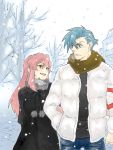  1girl alternate_costume blue_hair breath casual coat cold contemporary couple gift hair_down holding holding_gift kamina red_hair redhead ru&amp;pauda_(artist) scarf snow tegaki tengen_toppa_gurren_lagann walking winter yoko_littner yoko_ritona 