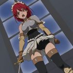  blush cecily_cambell cecily_campbell elbow_gloves gloves impossible_shirt kanna_asuke open_mouth red_hair redhead seiken_no_blacksmith shouting sword thigh-highs thighhighs weapon 