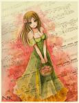  axis_powers_hetalia blush brown_hair flower green_eyes hungary_(hetalia) long_hair musical_note 