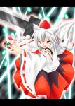  1girl animal_ears baia detached_sleeves hat highres inubashiri_momiji open_mouth red_eyes short_hair solo spell_card sword tail tokin_hat touhou weapon white_hair wolf_ears wolf_tail 