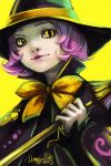  2009 broom cat_eyes halloween hands hat lips pink_hair short_hair slit_pupils solo tirael witch witch_hat yellow_background yellow_eyes 