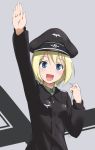 blonde_hair blue_eyes erica_hartmann hat military military_uniform open_mouth peaked_cap short_hair smile solo strike_witches uniform whistle youkan 