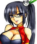  bare_shoulders black_hair blazblue breasts cleavage close_up glasses large_breasts litchi_faye_ling long_hair panda ponytail smile 