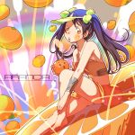  barefoot black_hair feet food fruit hands hat leg_hug legs long_hair midriff multicolored_hair orange orange_eyes original sitting twintails utu 